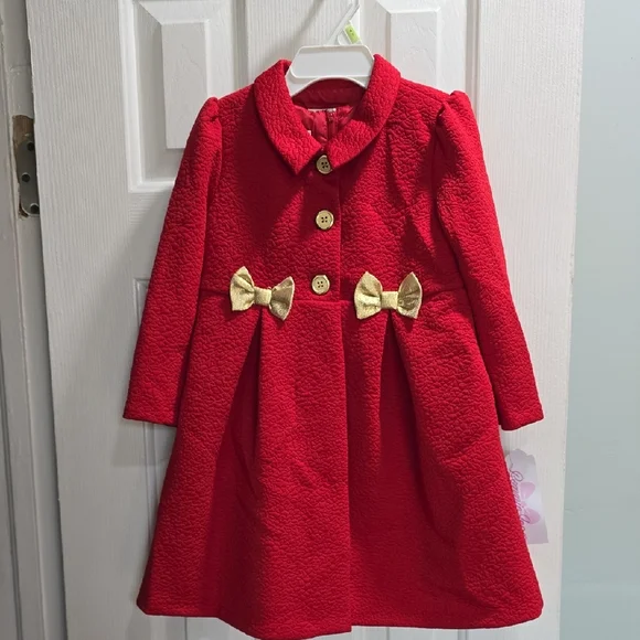 Bonnie Jean Red Coat with Gold Bow Accents and Plaid Dress Kid Size 4T - Picture 1 of 12